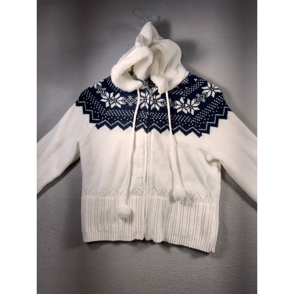 Arden B Womens White Navy Fair Isle Snowflake Zip Up Hooded Sweater Pom Pom M